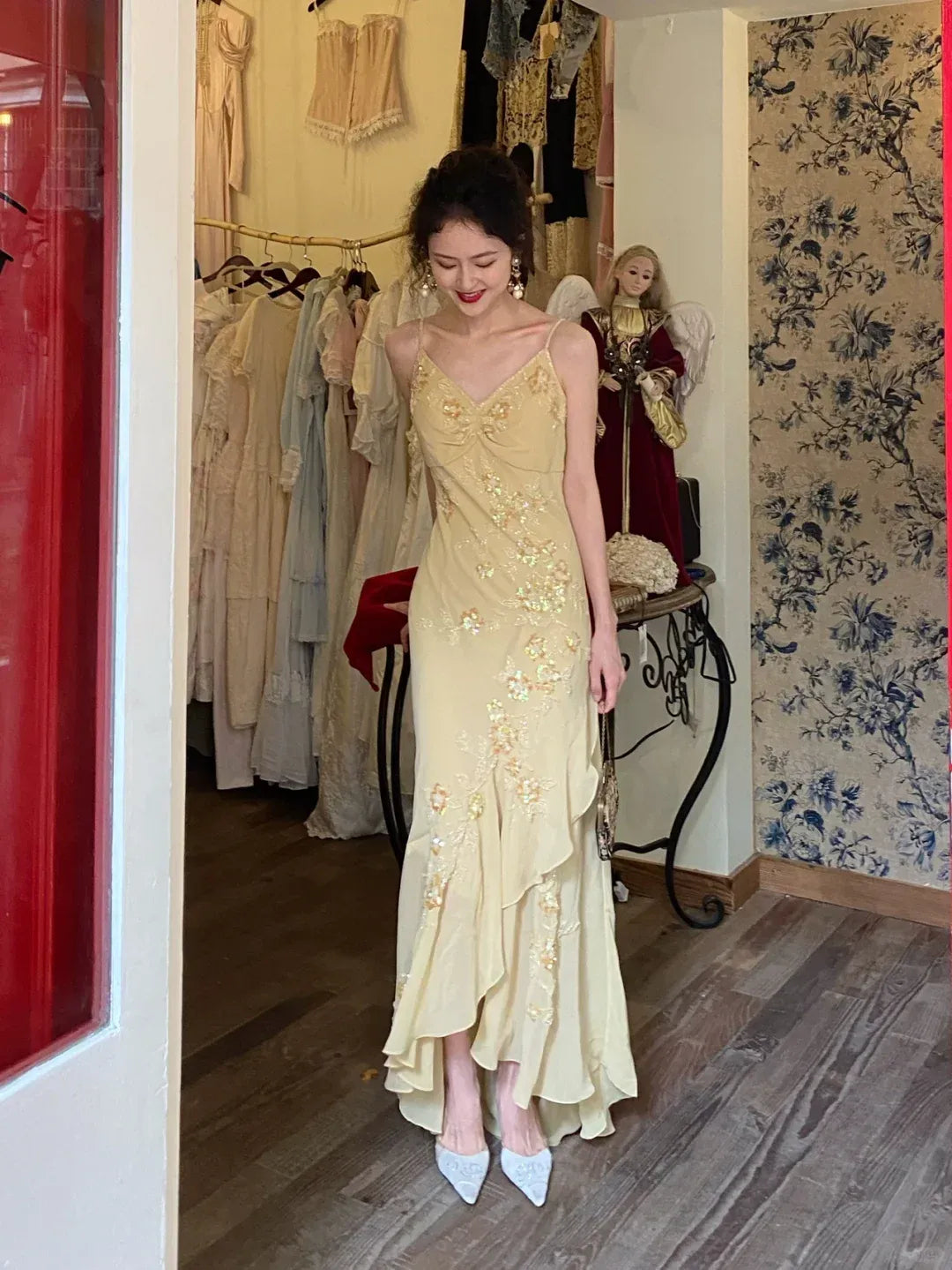 Romantic Floral Embroidery Pale Yellow Chiffon Spaghetti Strap Gown