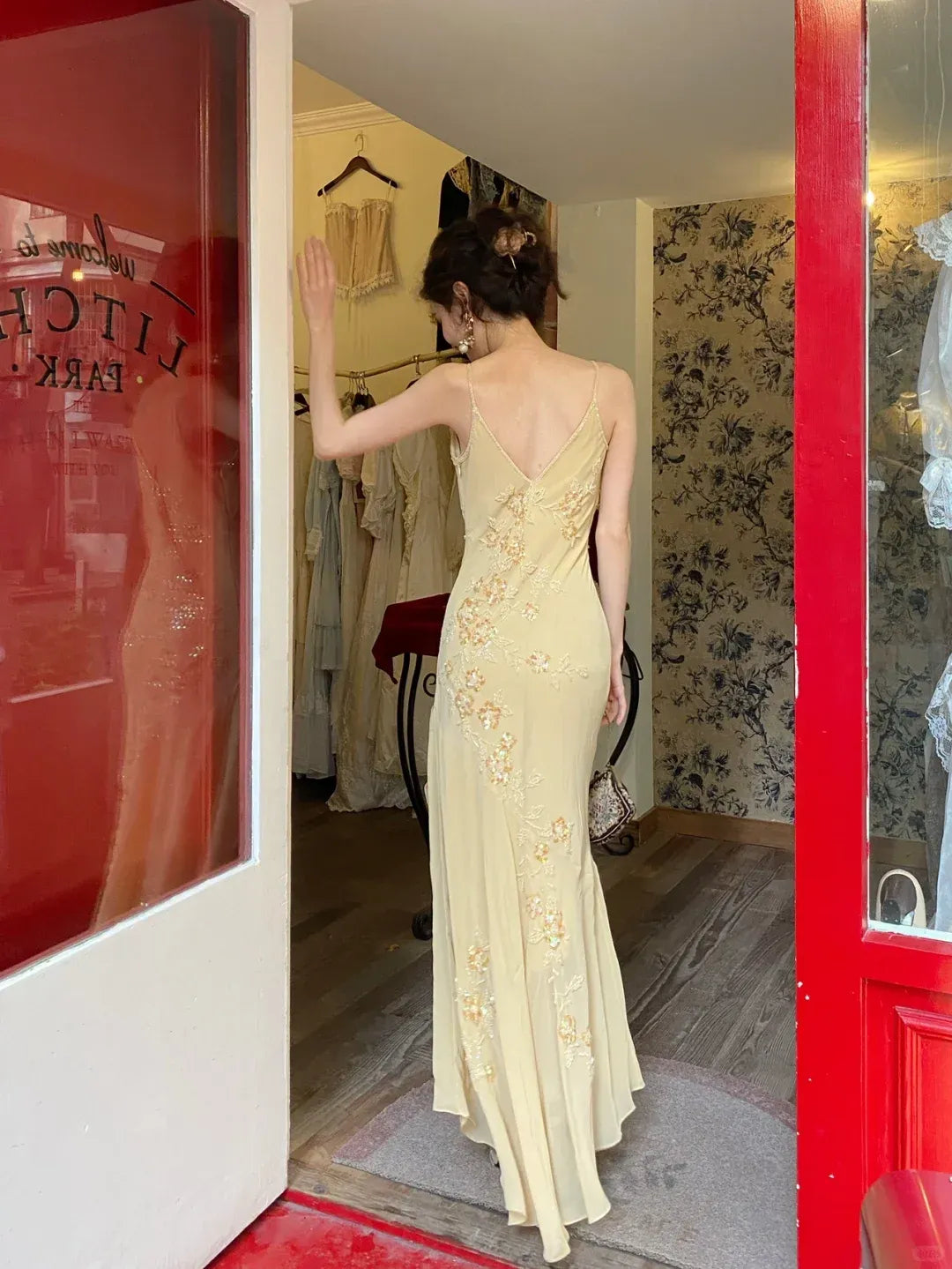 Romantic Floral Embroidery Pale Yellow Chiffon Spaghetti Strap Gown