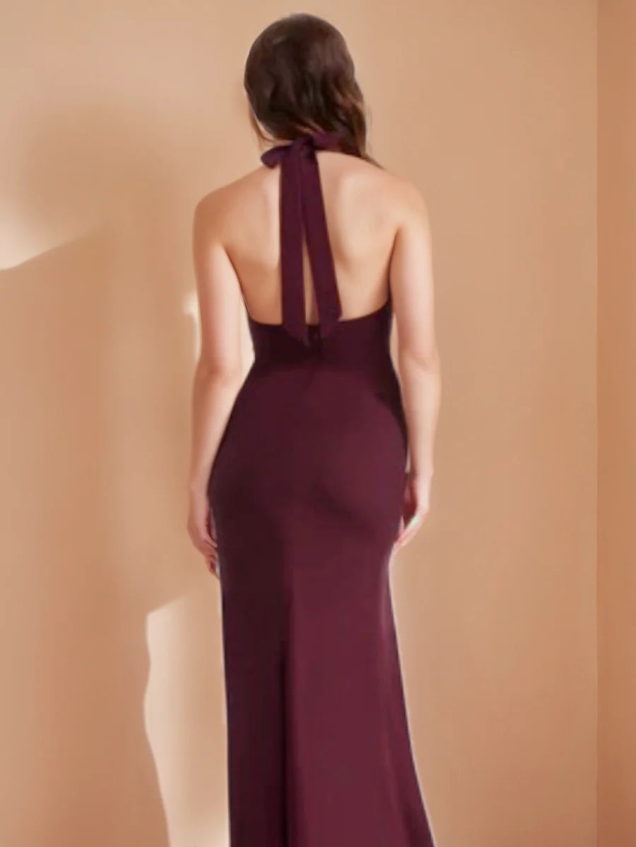 Romantic Halter Neck Ruffle Trim Crepe Mermaid Evening Dress with High Side Slit & Low Open Back