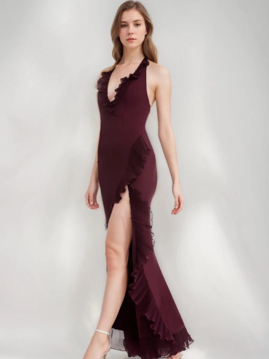 Romantic Halter Neck Ruffle Trim Crepe Mermaid Evening Dress with High Side Slit & Low Open Back