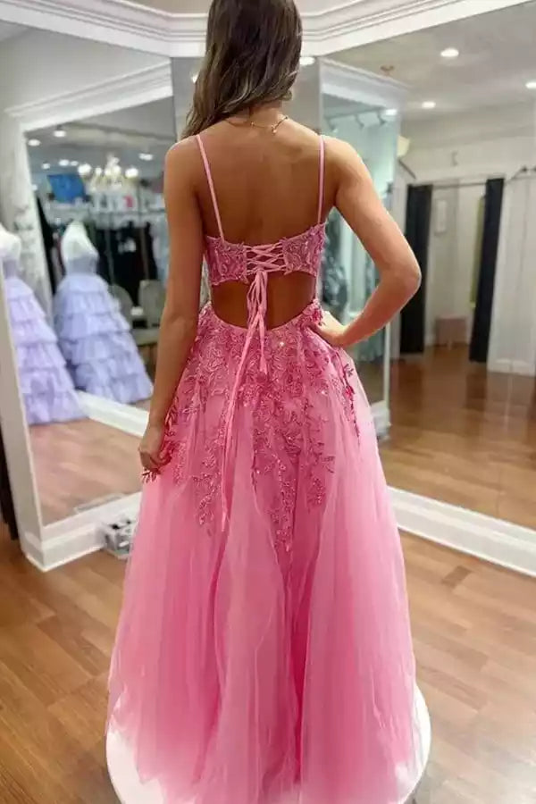 Romantic Hot Pink Tulle Gown with Lace Embroidery & Crisscross Open Back