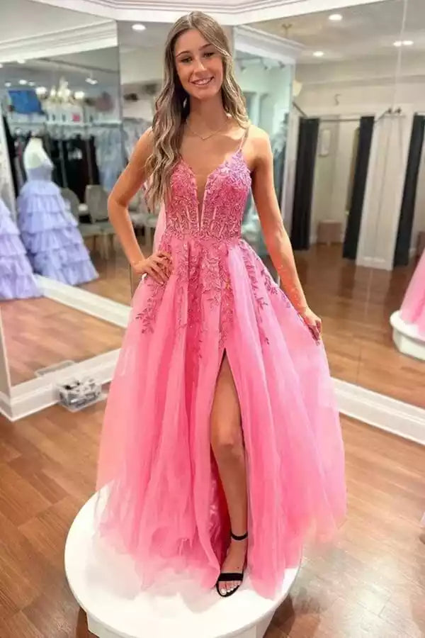 Romantic Hot Pink Tulle Gown with Lace Embroidery & Crisscross Open Back