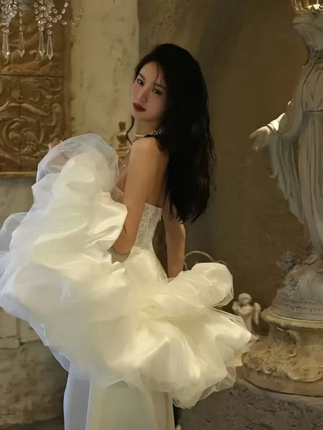 Romantic Lace Corset Ruffled Tulle Overlay Ivory Satin Gown