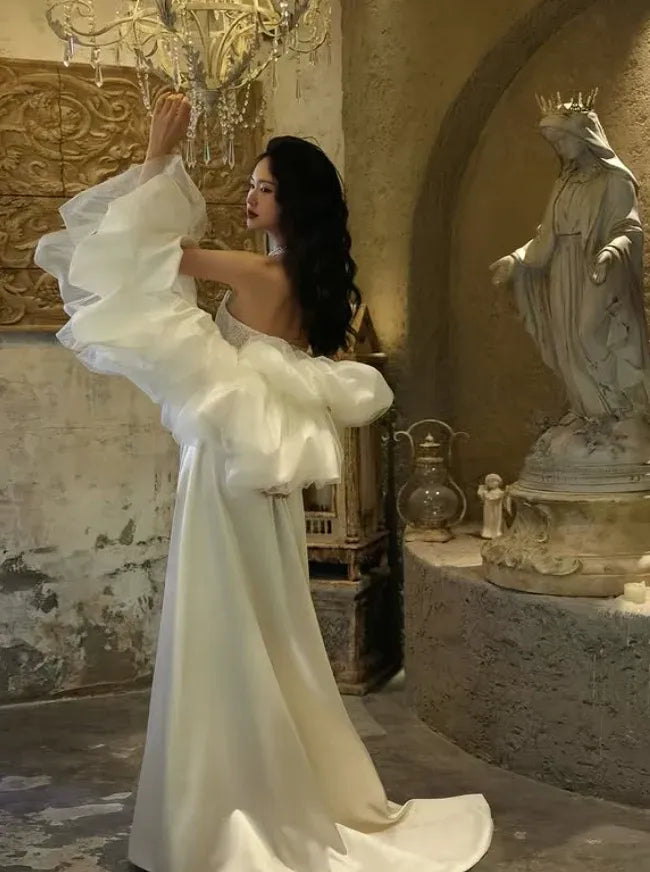 Romantic Lace Corset Ruffled Tulle Overlay Ivory Satin Gown