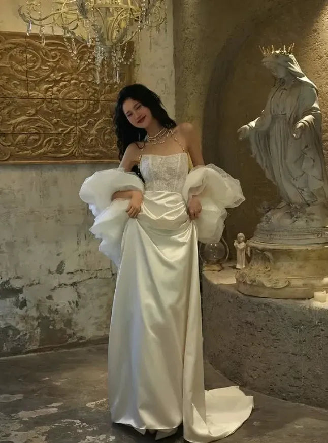 Romantic Lace Corset Ruffled Tulle Overlay Ivory Satin Gown
