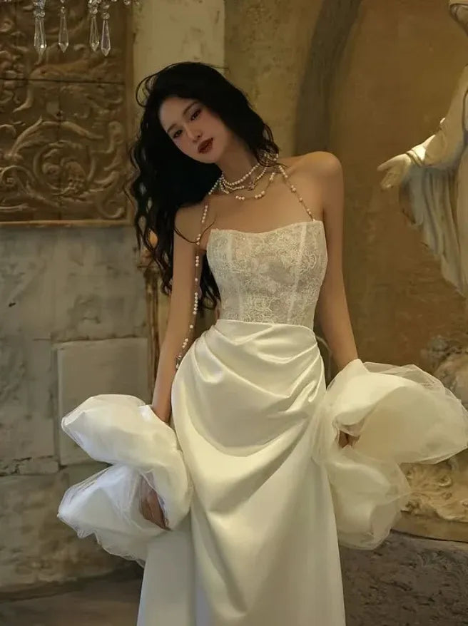 Romantic Lace Corset Ruffled Tulle Overlay Ivory Satin Gown