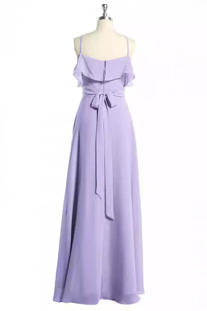 Romantic Lavender Chiffon Gown with Cross-Halter Ruffled Overlay & Tie Waist