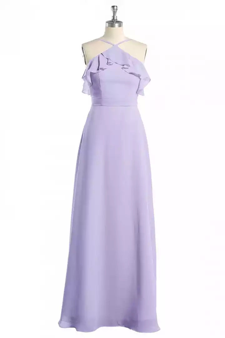 Romantic Lavender Chiffon Gown with Cross-Halter Ruffled Overlay & Tie Waist