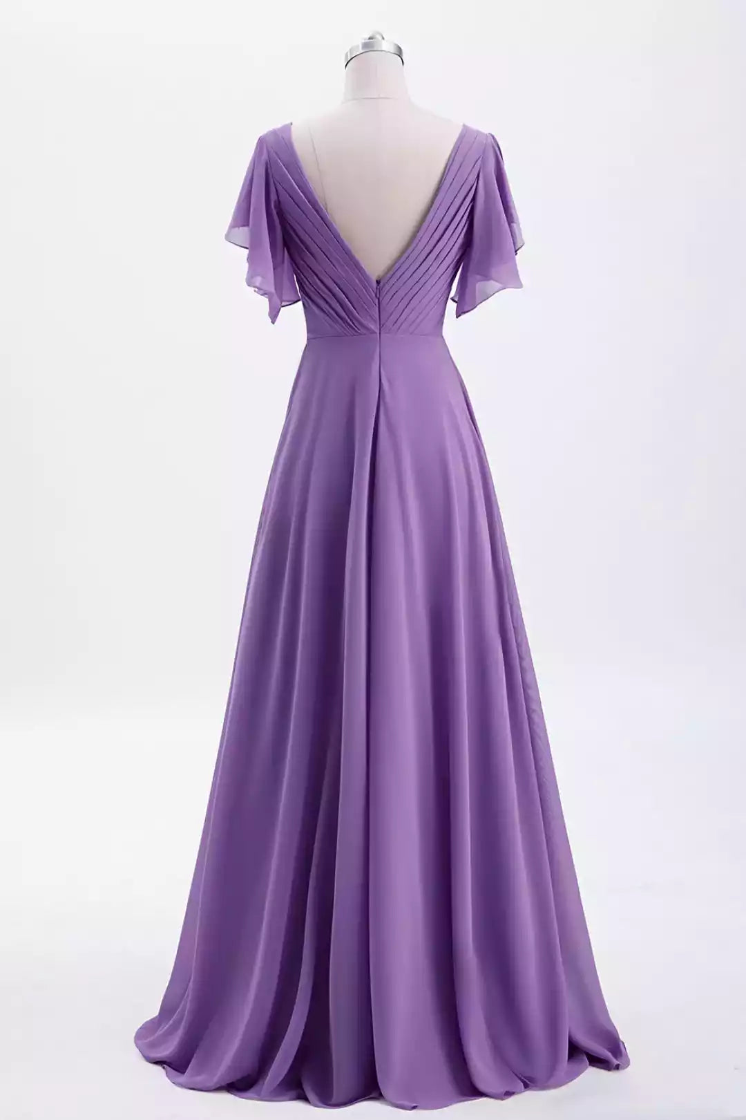Romantic Lavender Chiffon Gown with Flutter Sleeves & Deep V-Back