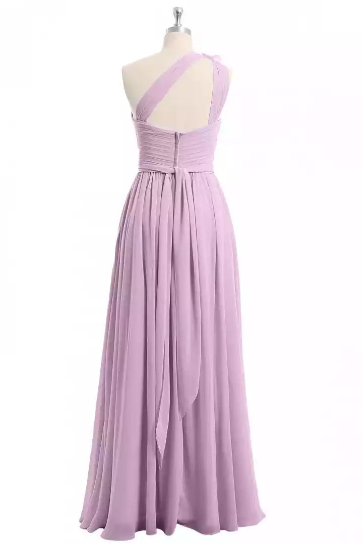 Romantic Lavender Chiffon Gown with One-Shoulder Ruched Bodice & Flower Accent