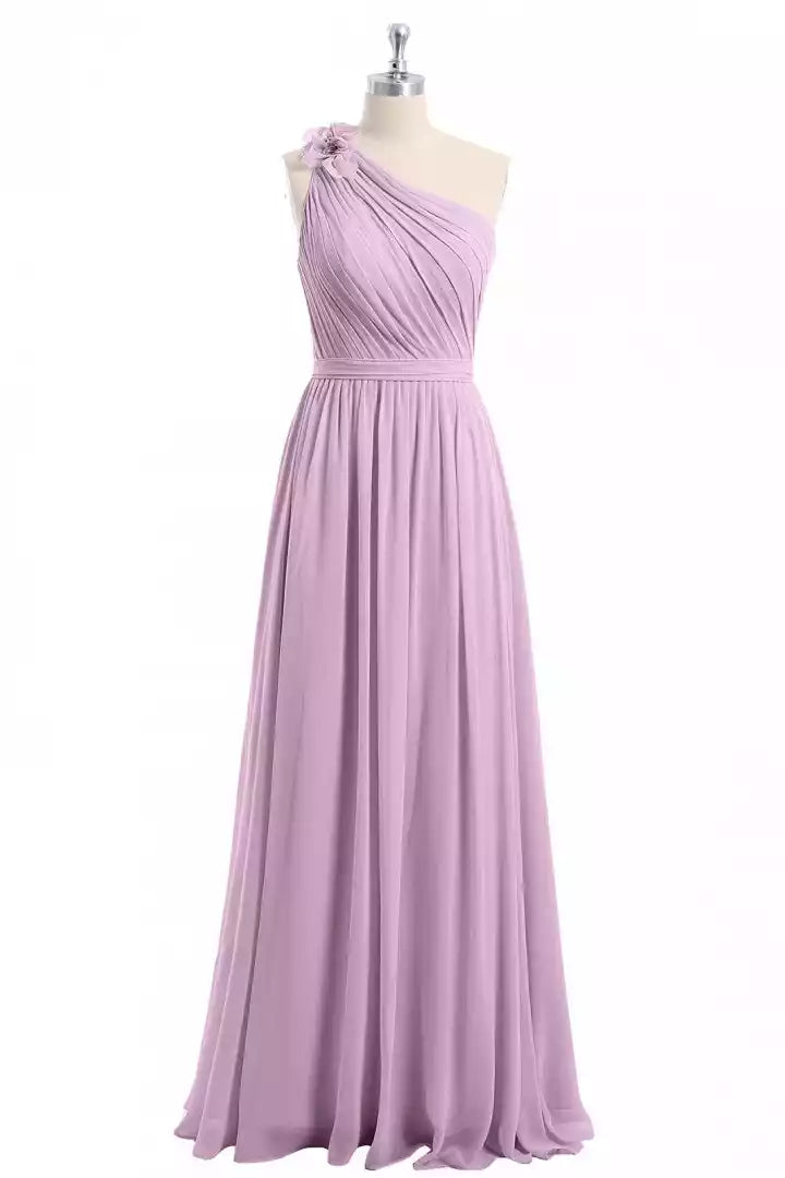 Romantic Lavender Chiffon Gown with One-Shoulder Ruched Bodice & Flower Accent