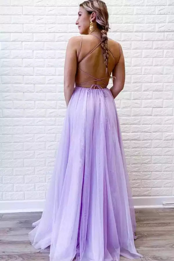 Romantic Lavender Lace & Tulle Gown with Crisscross Back & Slit Detail