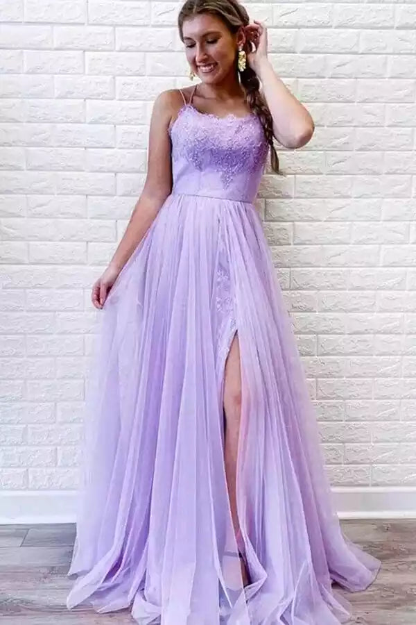 Romantic Lavender Lace & Tulle Gown with Crisscross Back & Slit Detail