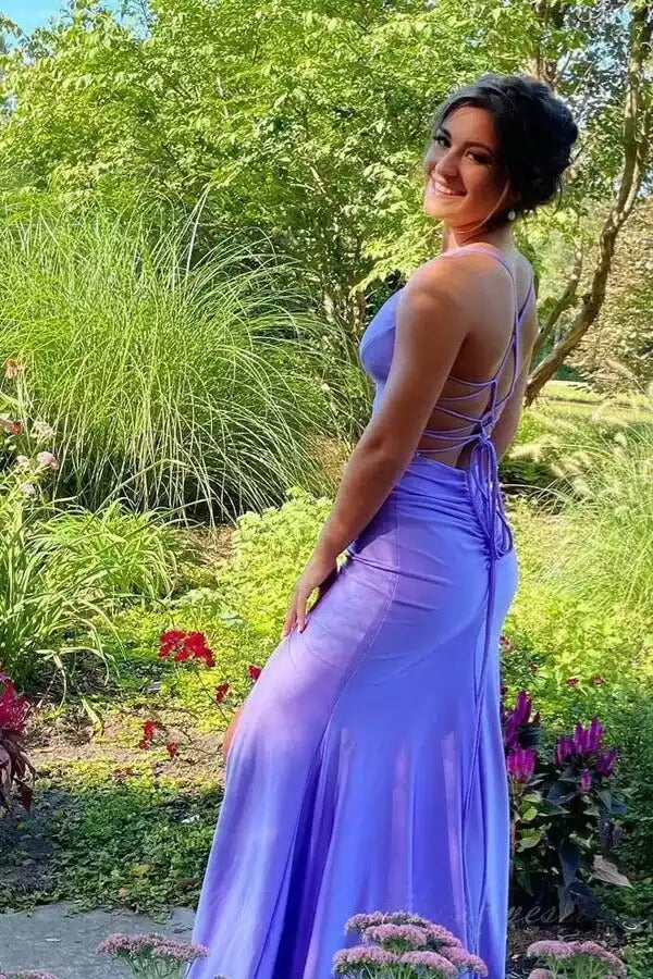 Romantic Lavender Mermaid Gown with Crisscross Open Back & High Slit