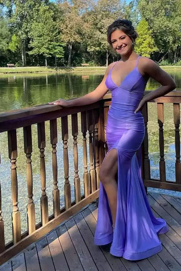Romantic Lavender Mermaid Gown with Crisscross Open Back & High Slit