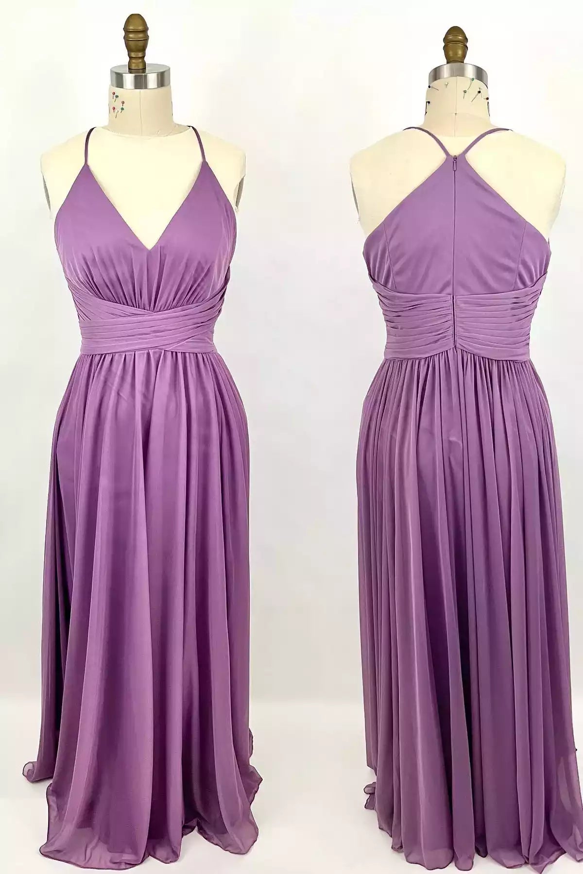 Romantic Lavender Satin Gown with Halter V-Neck & Ruched Waist