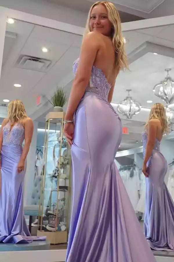 Romantic Lavender Satin Mermaid Gown with Halter Beaded Bodice & High Slit