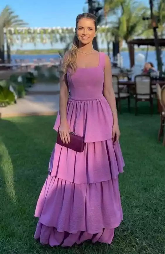 Romantic Lavender Tiered Gown with Square Neck & Back Bow Detail