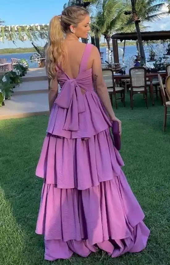 Romantic Lavender Tiered Gown with Square Neck & Back Bow Detail
