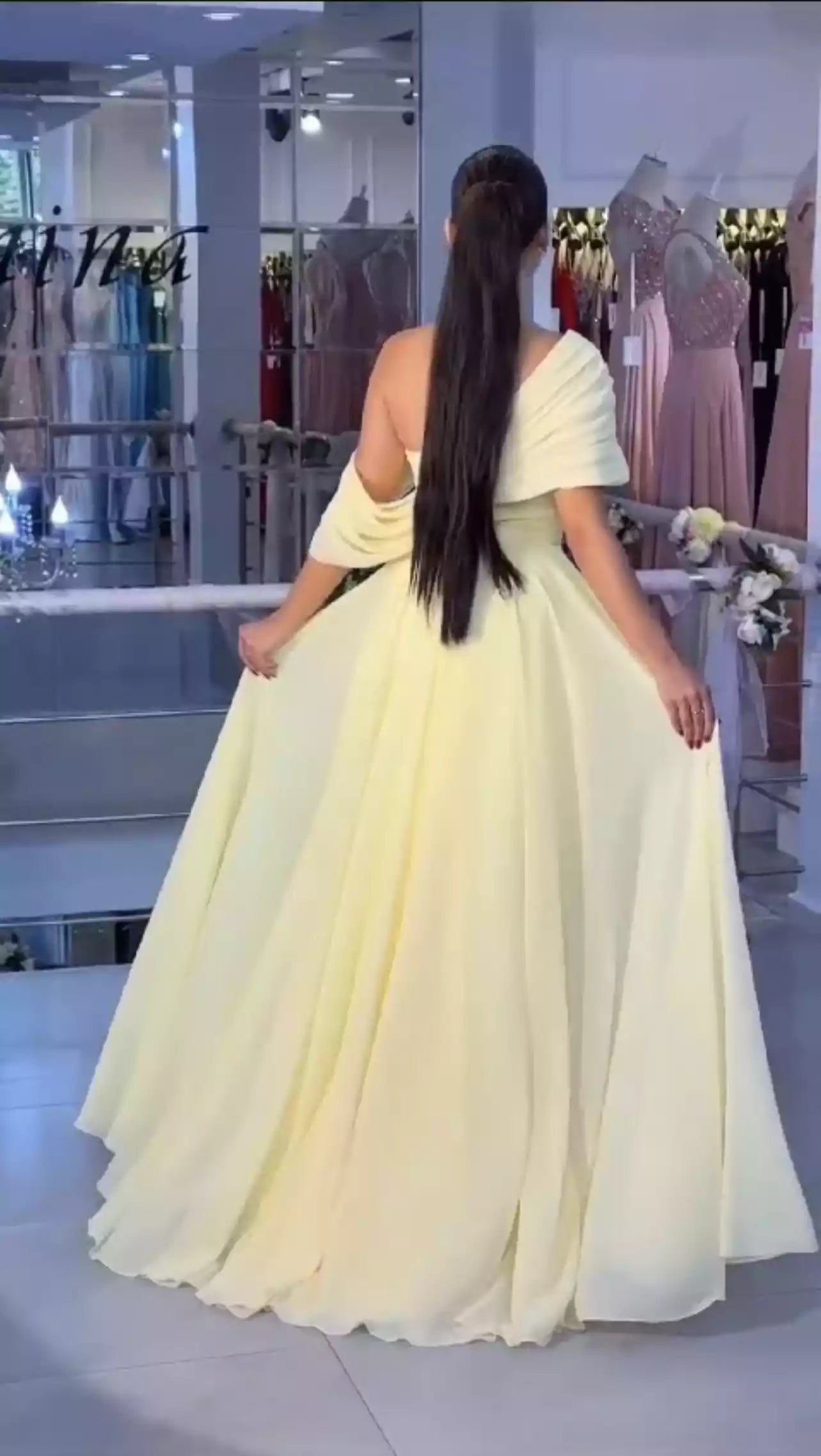 Romantic Lemon Yellow Chiffon One-Shoulder Ballgown with Ruched Bodice
