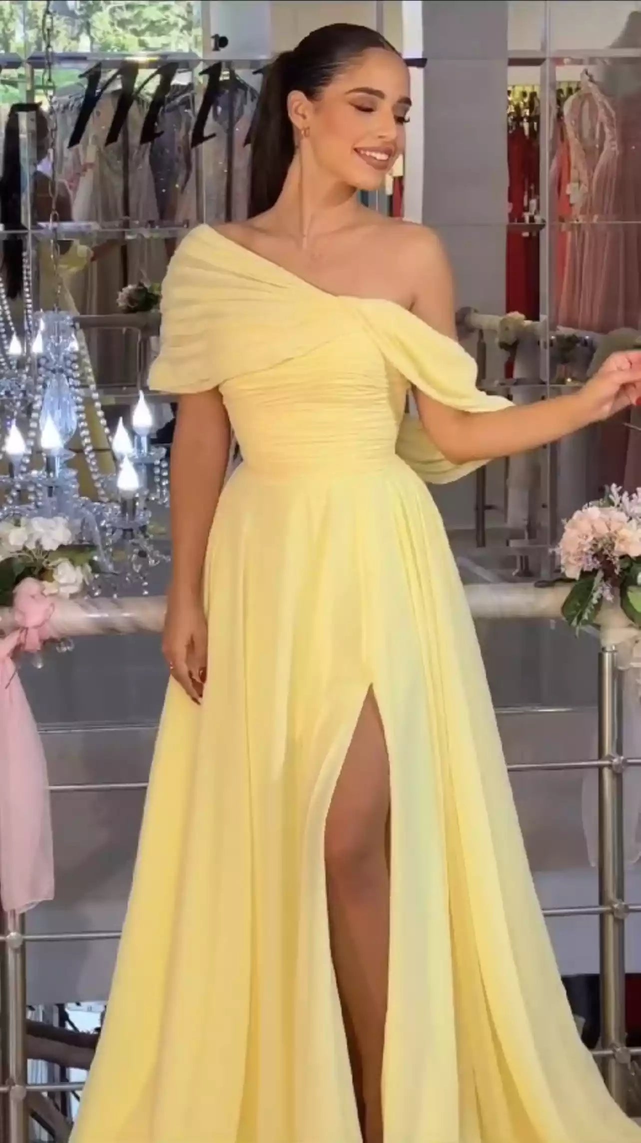 Romantic Lemon Yellow Chiffon One-Shoulder Ballgown with Ruched Bodice