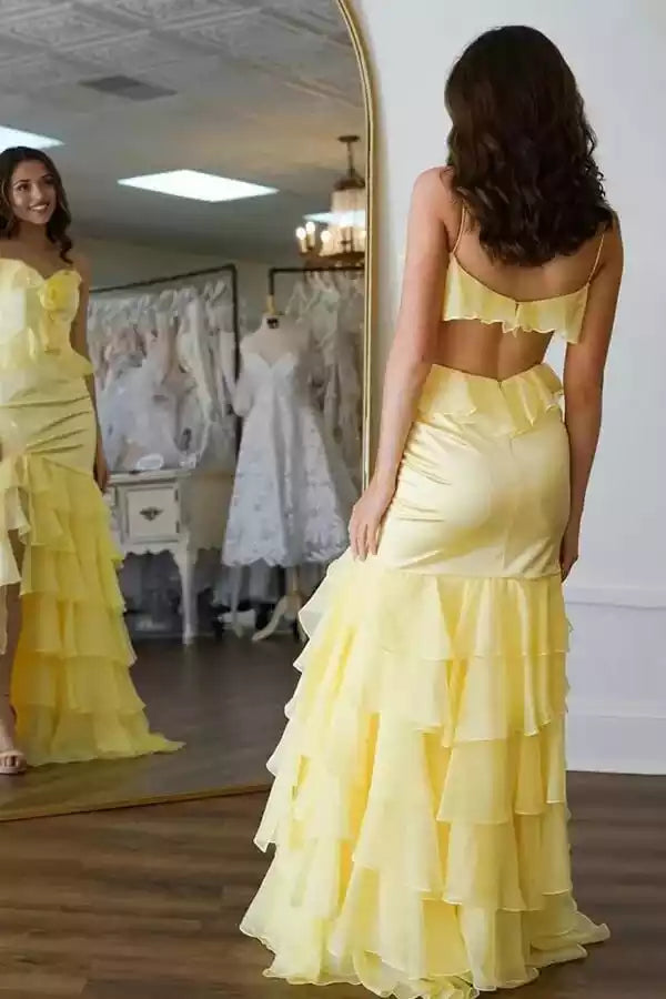 Romantic Lemon Yellow Ruffled Gown with Spaghetti Straps & Mermaid Silhouette