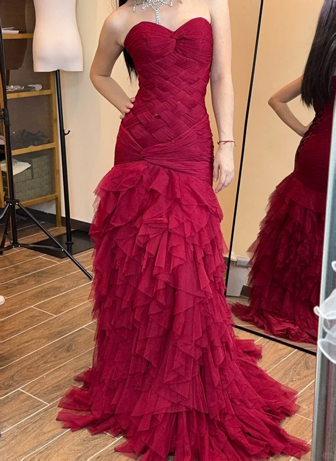 Romantic Mermaid Sweetheart Strapless Ruched Tiered Ruffled Prom Dresses