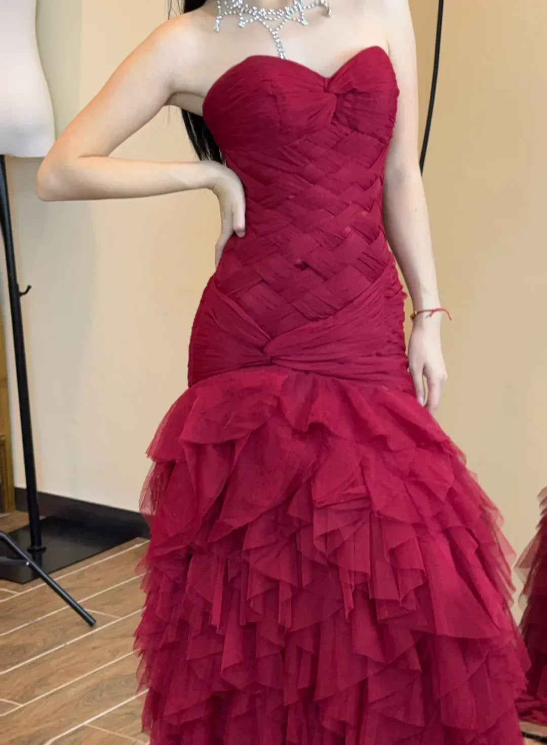 Romantic Mermaid Sweetheart Strapless Ruched Tiered Ruffled Prom Dresses