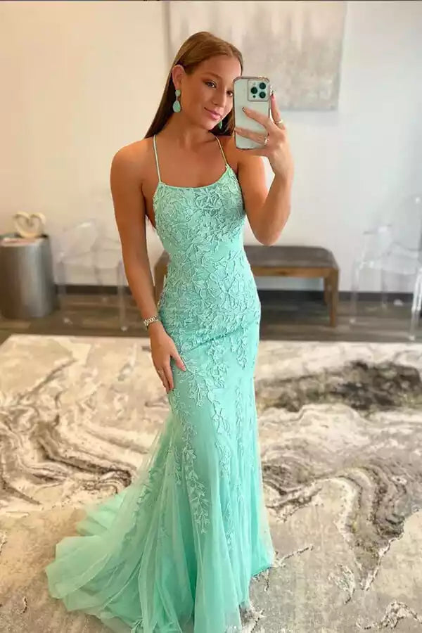 Romantic Mint Green Lace Gown with Spaghetti Strap Crisscross Back & Mermaid Silhouette