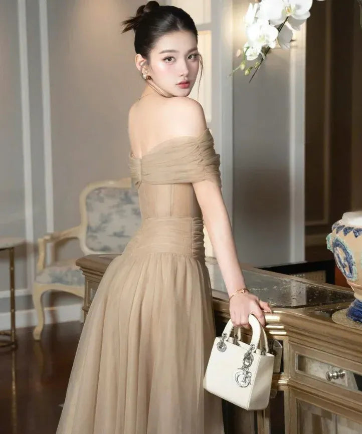 Romantic Off-The-Shoulder Ruched Waist Champagne Tulle Gown