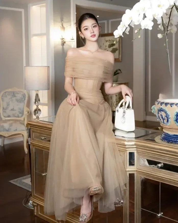 Romantic Off-The-Shoulder Ruched Waist Champagne Tulle Gown