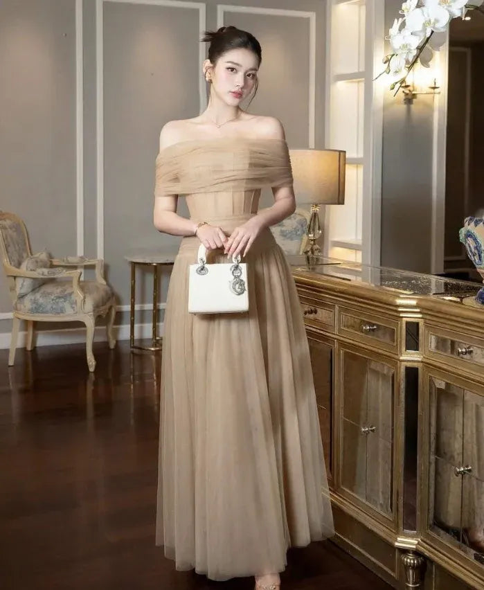 Romantic Off-The-Shoulder Ruched Waist Champagne Tulle Gown
