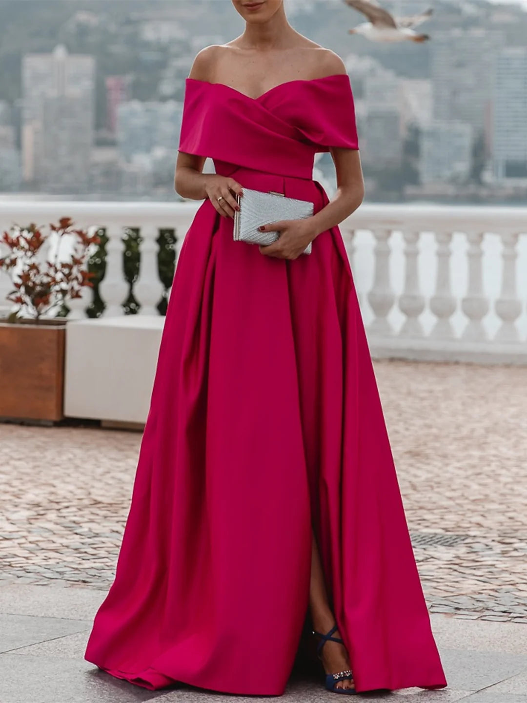 Romantic Off-the-Shoulder Sweetheart Neck Satin Ball Gown Evening Dress with High Slit