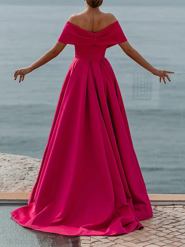 Romantic Off-the-Shoulder Sweetheart Neck Satin Ball Gown Evening Dress with High Slit
