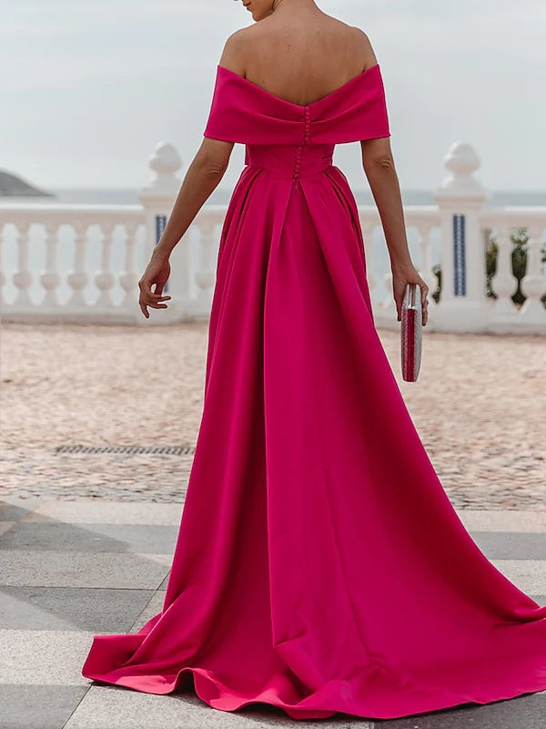 Romantic Off-the-Shoulder Sweetheart Neck Satin Ball Gown Evening Dress with High Slit