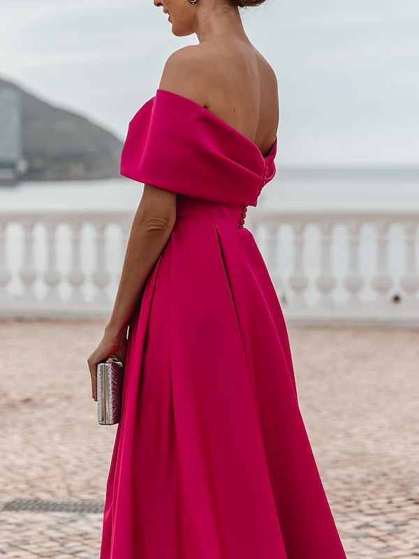 Romantic Off-the-Shoulder Sweetheart Neck Satin Ball Gown Evening Dress with High Slit
