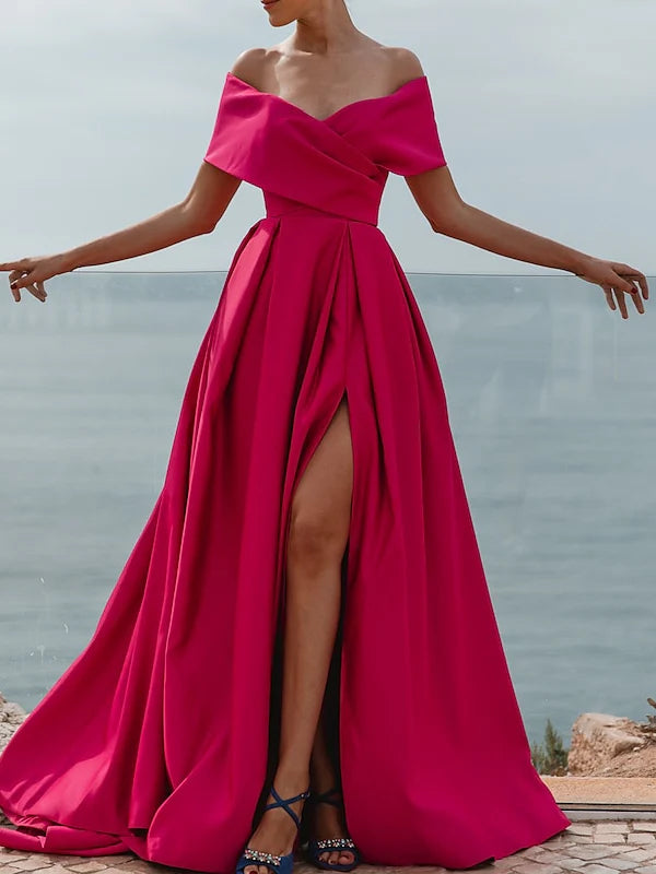 Romantic Off-the-Shoulder Sweetheart Neck Satin Ball Gown Evening Dress with High Slit