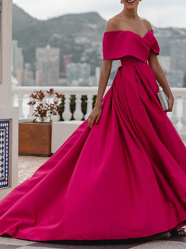 Romantic Off-the-Shoulder Sweetheart Neck Satin Ball Gown Evening Dress with High Slit