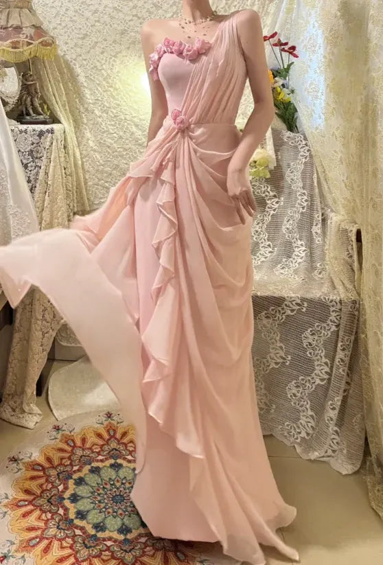 Romantic One-Shoulder 3D Rose Appliqué Blush Chiffon Gown