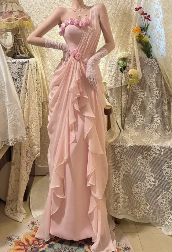 Romantic One-Shoulder 3D Rose Appliqué Blush Chiffon Gown