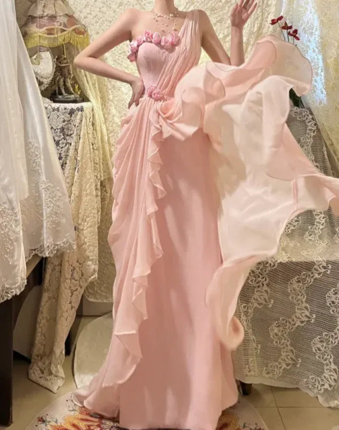 Romantic One-Shoulder 3D Rose Appliqué Blush Chiffon Gown
