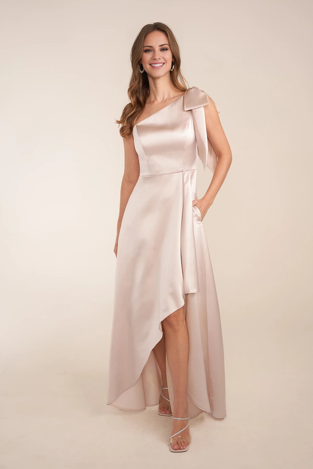 Romantic One Shoulder Sleeveless Back Zip Asymmetrical Bridesmaid Dress