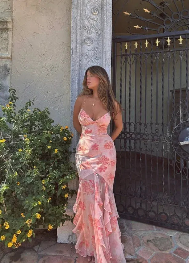 Romantic Pink Floral Print Coral Chiffon Spaghetti Strap Gown