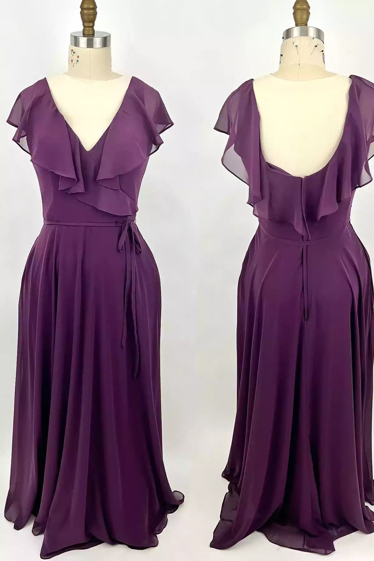 Romantic Plum Chiffon Gown with Ruffled Wrap Neck & Open Back