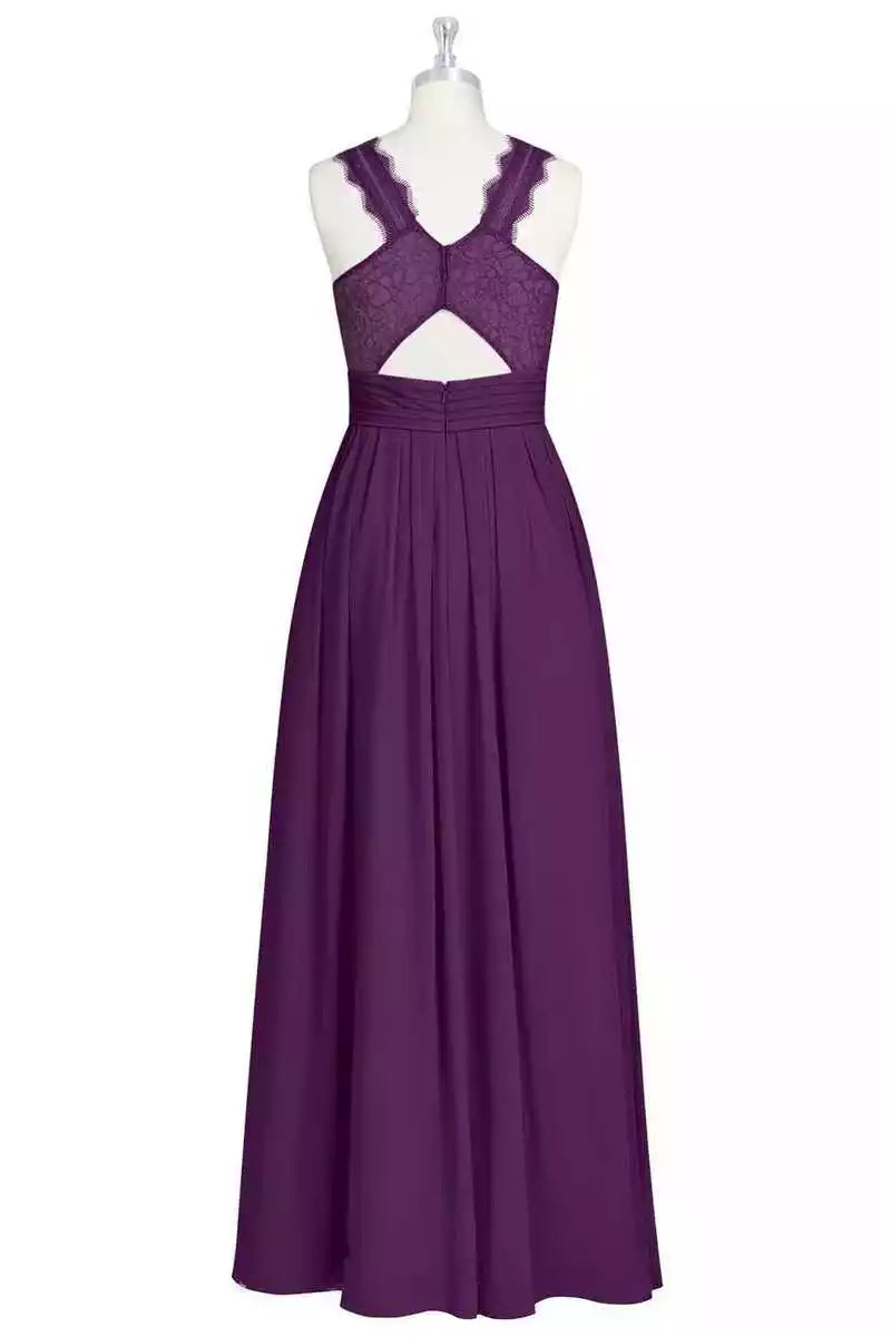 Romantic Plum Purple Chiffon Gown with Lace Halter Back & Keyhole Detail