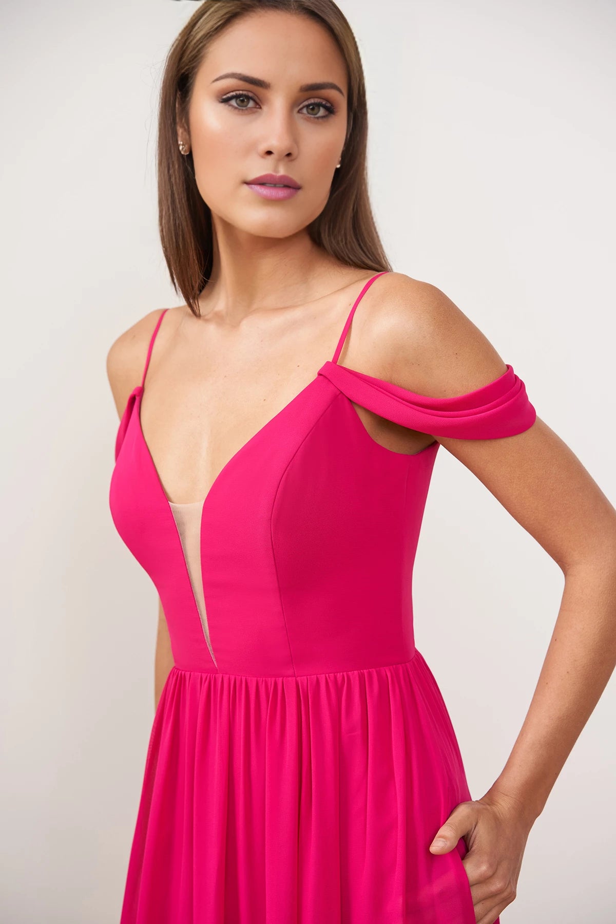 Romantic Poly Chiffon A-line Gown with Plunging Sweetheart V-Neckline and Cowl Swag SleevesBridesmaid Dresses