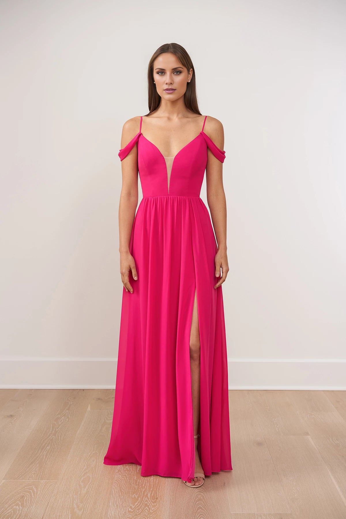 Romantic Poly Chiffon A-line Gown with Plunging Sweetheart V-Neckline and Cowl Swag SleevesBridesmaid Dresses