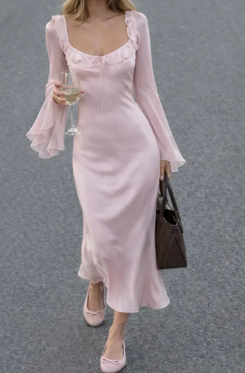 Romantic Ruffled Square Neck Blush Satin Bell Sleeve Dress