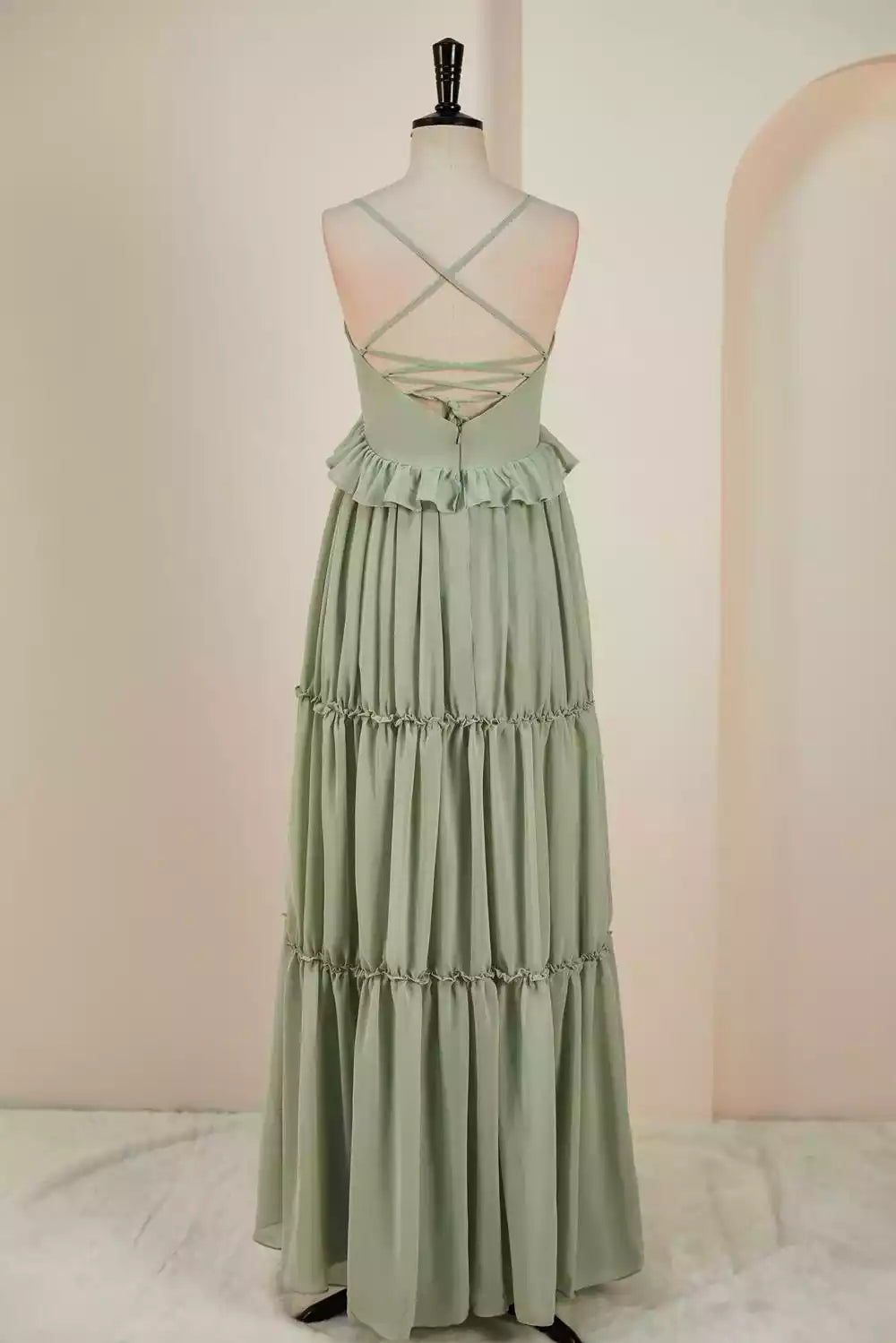 Romantic Sage Green Chiffon Gown with Crisscross Back & Tiered Ruffled Skirt