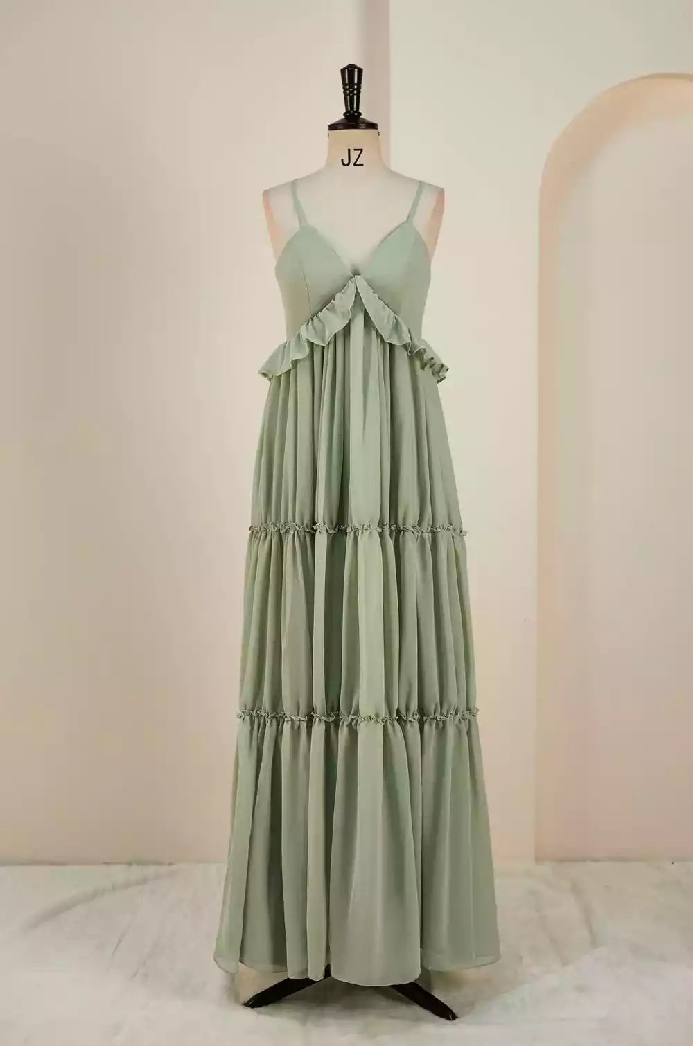 Romantic Sage Green Chiffon Gown with Crisscross Back & Tiered Ruffled Skirt